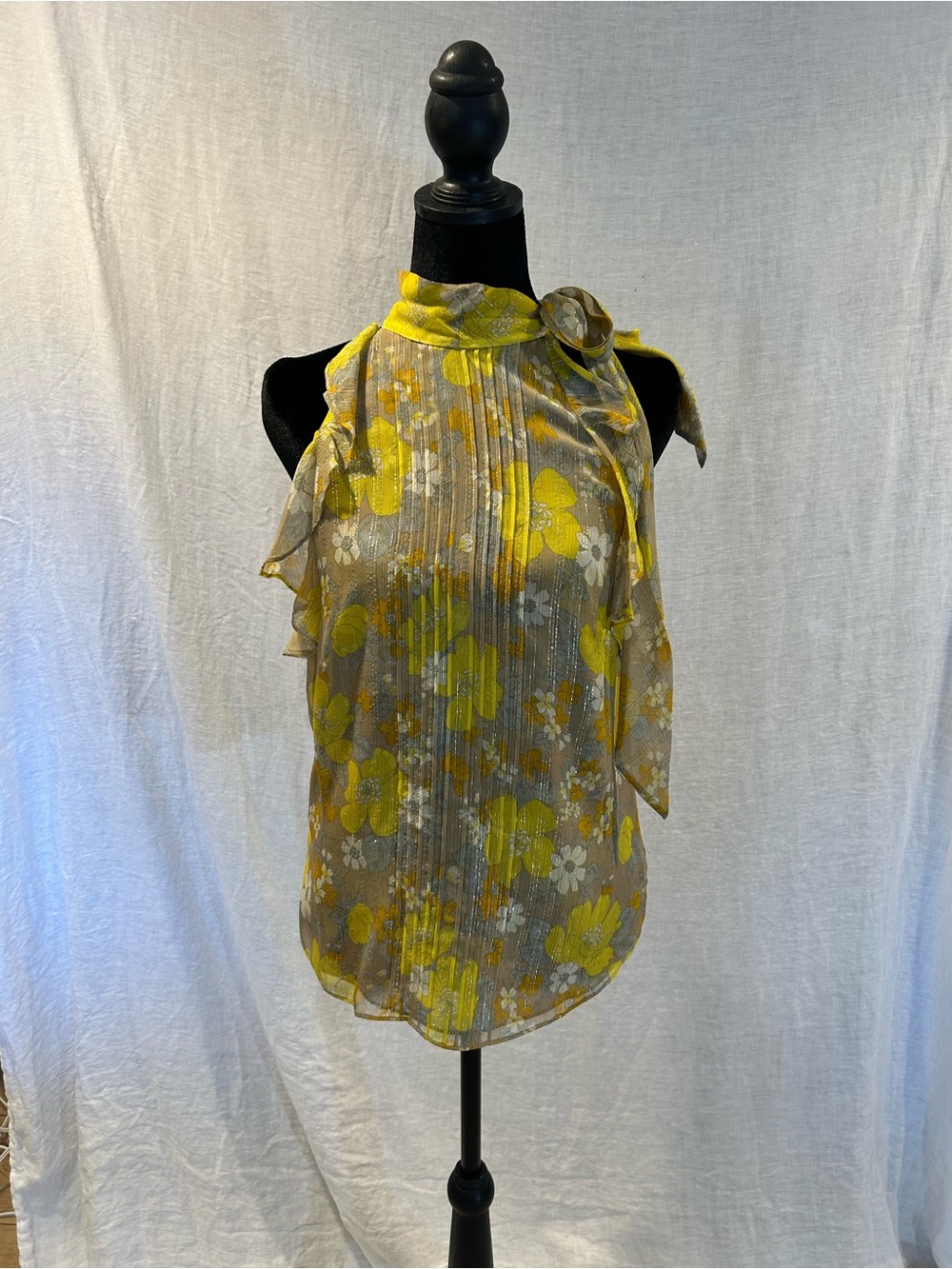 Veronica Beard Sleeveless Yellow Floral Tie-Neck Blouse